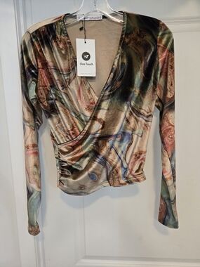 ONE Touch Women's Multicolor Marble-Print Wrap Top Size M